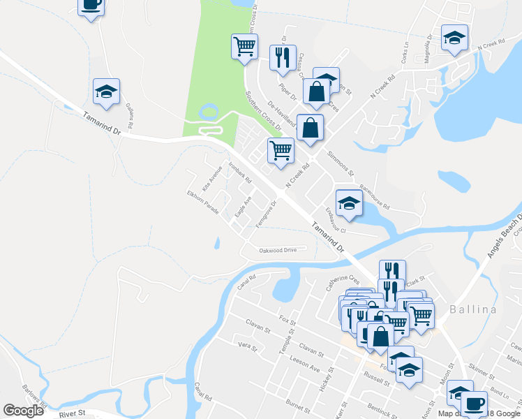 map of restaurants, bars, coffee shops, grocery stores, and more near Albatross Street in Ballina