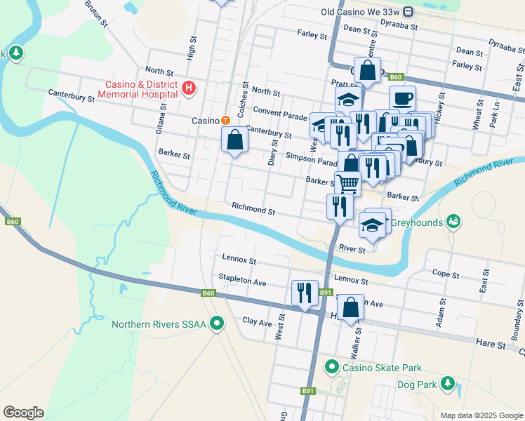map of restaurants, bars, coffee shops, grocery stores, and more near Richmond Street in Casino