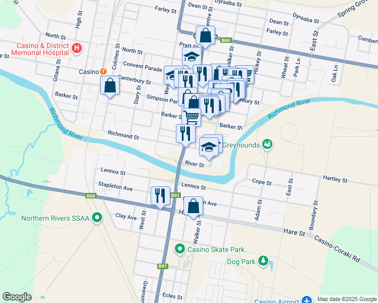 map of restaurants, bars, coffee shops, grocery stores, and more near Richmond Street in Casino