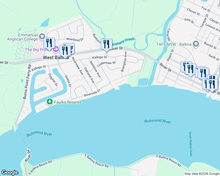 map of restaurants, bars, coffee shops, grocery stores, and more near 8 Riverside Drive in West Ballina