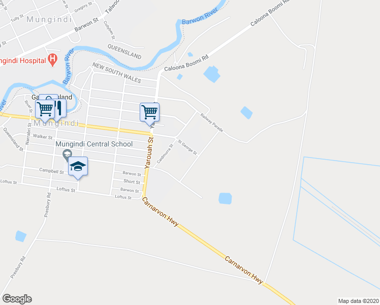 map of restaurants, bars, coffee shops, grocery stores, and more near 10 St George Street in Mungindi