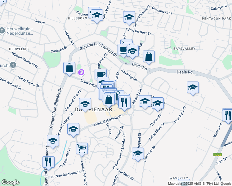 map of restaurants, bars, coffee shops, grocery stores, and more near 44 Louw Wepener Street in Bloemfontein