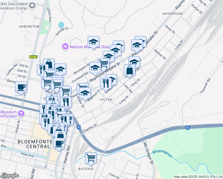 map of restaurants, bars, coffee shops, grocery stores, and more near 44 Glen Road in Bloemfontein
