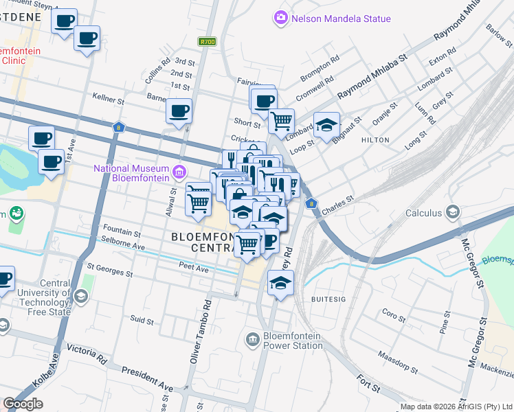 map of restaurants, bars, coffee shops, grocery stores, and more near Oos Burger Street in Bloemfontein