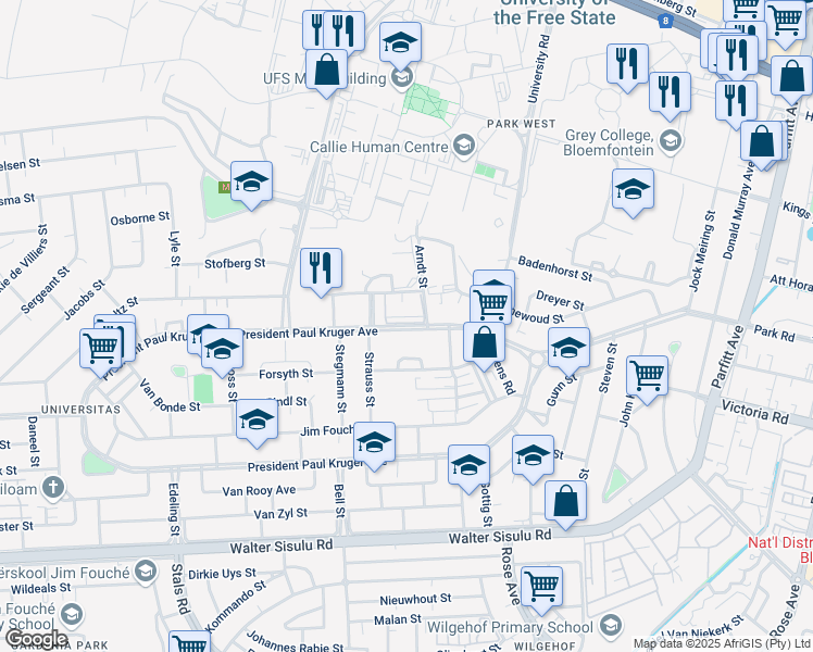 map of restaurants, bars, coffee shops, grocery stores, and more near President Paul Kruger Avenue in Bloemfontein