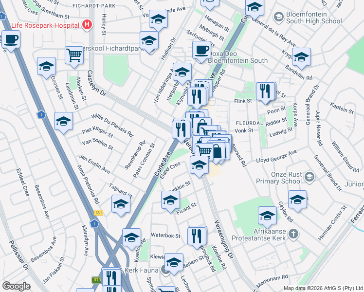 map of restaurants, bars, coffee shops, grocery stores, and more near Jagersfontein Road in Bloemfontein