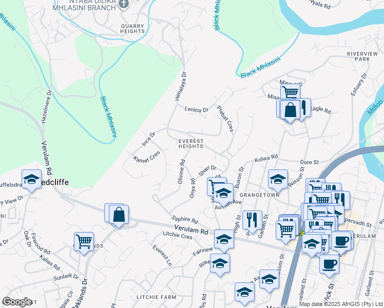 map of restaurants, bars, coffee shops, grocery stores, and more near 44 Olivine Road in Verulam