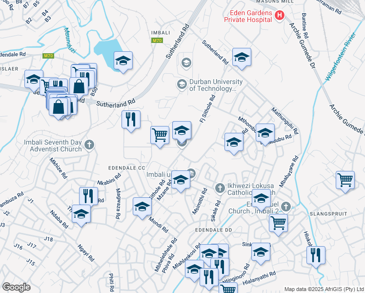map of restaurants, bars, coffee shops, grocery stores, and more near Fj Sithole Road in Pietermaritzburg