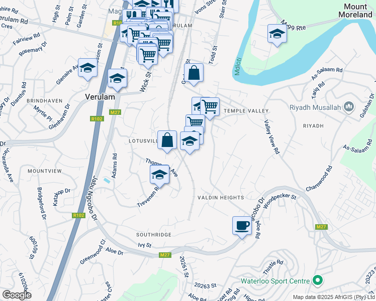 map of restaurants, bars, coffee shops, grocery stores, and more near Pako Street in Verulam