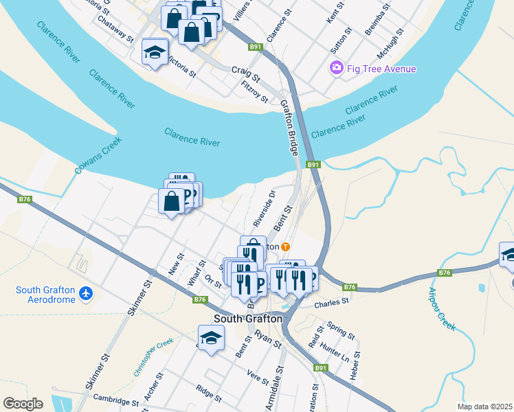 map of restaurants, bars, coffee shops, grocery stores, and more near LOT 15 Wharf Street in South Grafton