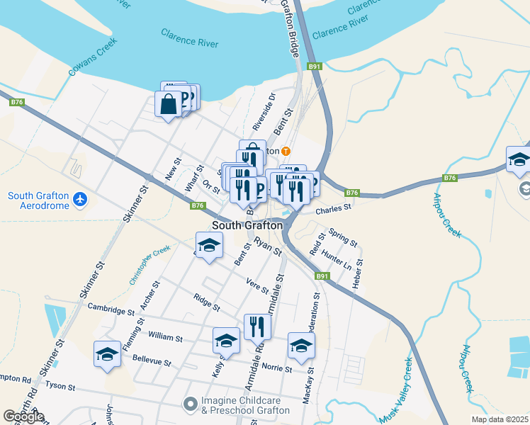 map of restaurants, bars, coffee shops, grocery stores, and more near  in South Grafton