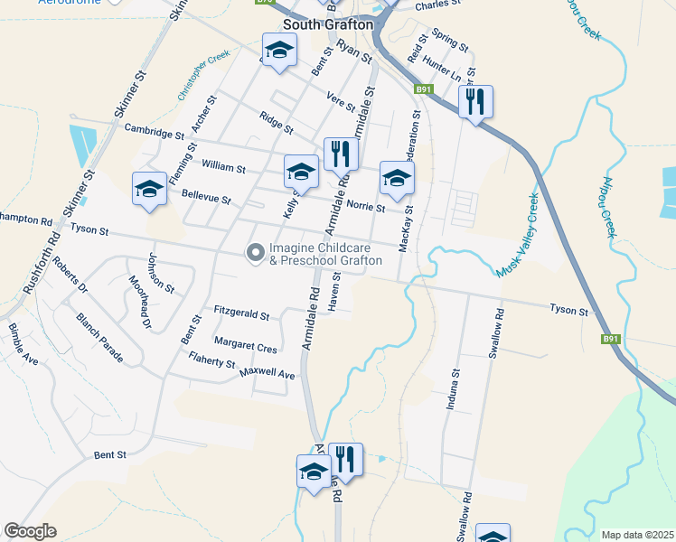 map of restaurants, bars, coffee shops, grocery stores, and more near Tyson Street in South Grafton