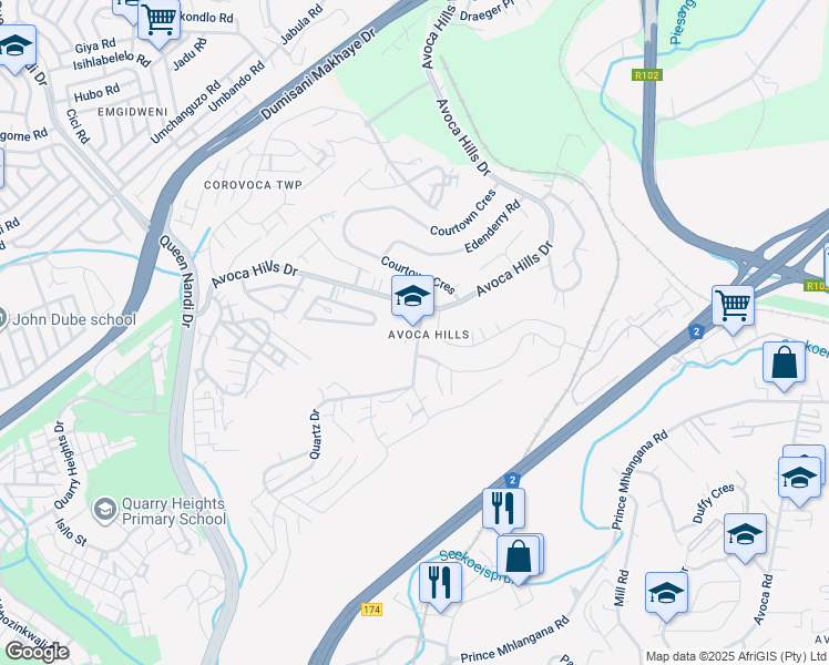 map of restaurants, bars, coffee shops, grocery stores, and more near 182 Avoca Hills Drive in Newlands East