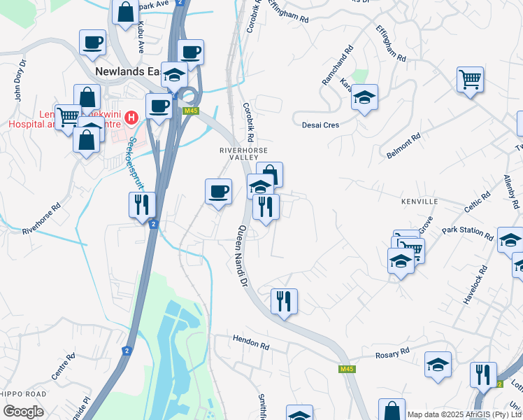 map of restaurants, bars, coffee shops, grocery stores, and more near 170 Queen Nandi Drive in Newlands East