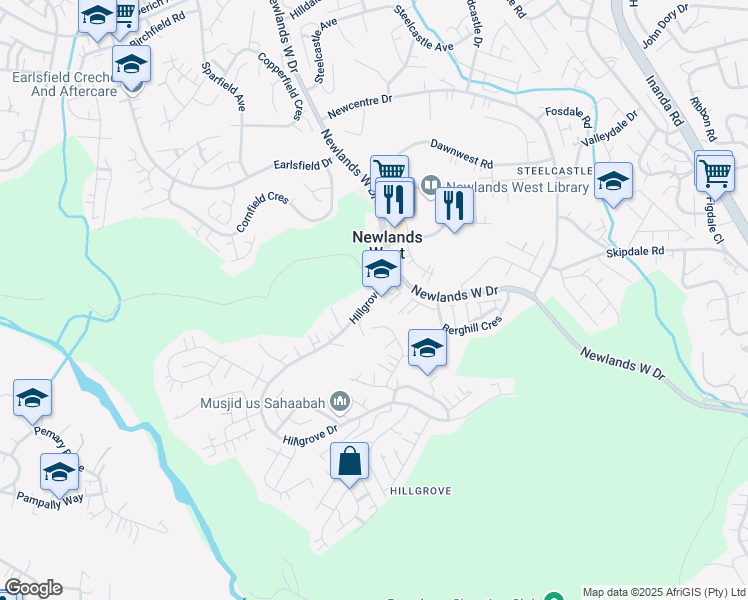 map of restaurants, bars, coffee shops, grocery stores, and more near 41 Hillgrove Drive in Newlands West