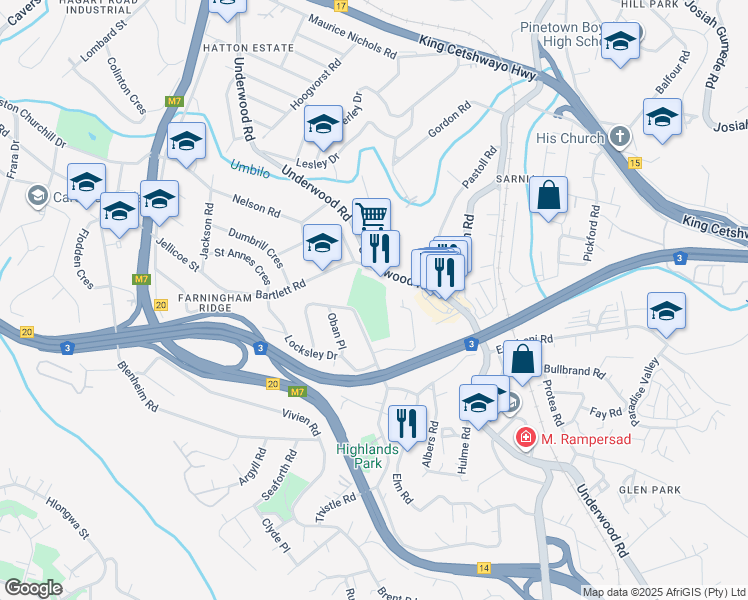map of restaurants, bars, coffee shops, grocery stores, and more near 162 Underwood Road in Pinetown