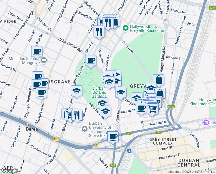 map of restaurants, bars, coffee shops, grocery stores, and more near 9 John Zikhali Road in Berea
