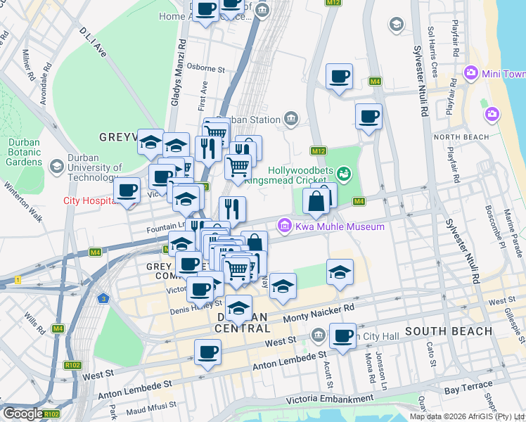 map of restaurants, bars, coffee shops, grocery stores, and more near 141 K E Masinga Road in Durban