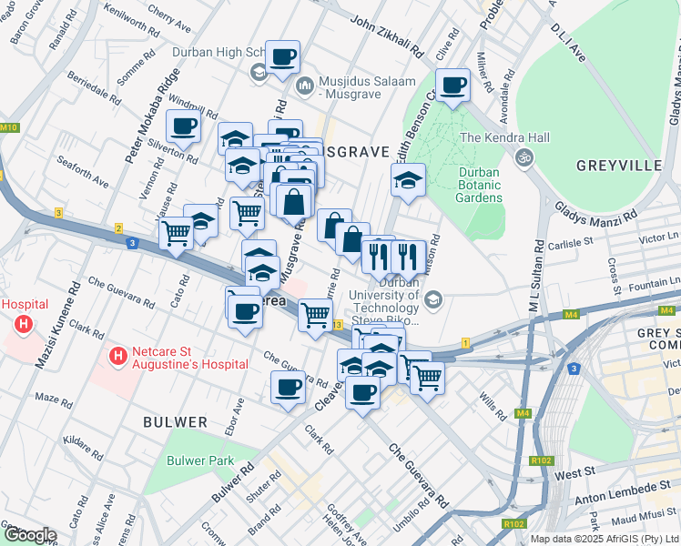 map of restaurants, bars, coffee shops, grocery stores, and more near 62 Currie Road in Berea