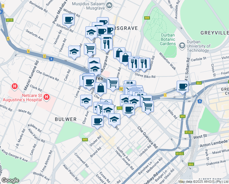 map of restaurants, bars, coffee shops, grocery stores, and more near 333 King Dinizulu Road North in Berea