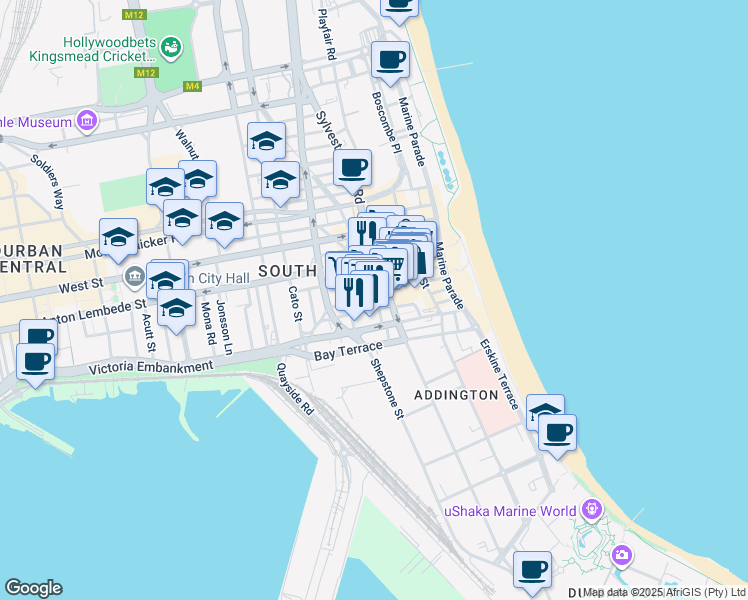 map of restaurants, bars, coffee shops, grocery stores, and more near 9 Masobiya Mdluli Street in Durban
