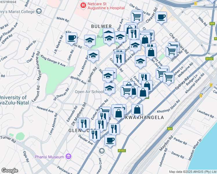map of restaurants, bars, coffee shops, grocery stores, and more near 63 Alan Paton Road in Durban