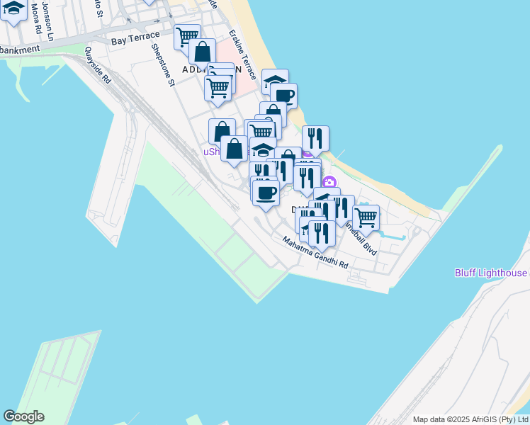 map of restaurants, bars, coffee shops, grocery stores, and more near 237 Mahatma Gandhi Road in Durban