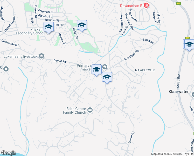 map of restaurants, bars, coffee shops, grocery stores, and more near 320 Demat Road in Klaarwater