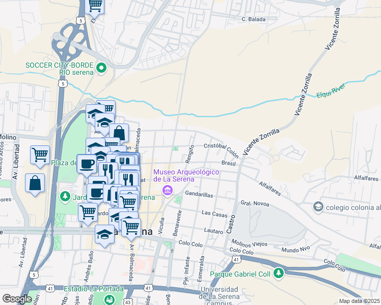 map of restaurants, bars, coffee shops, grocery stores, and more near 240 Rengifo in La Serena
