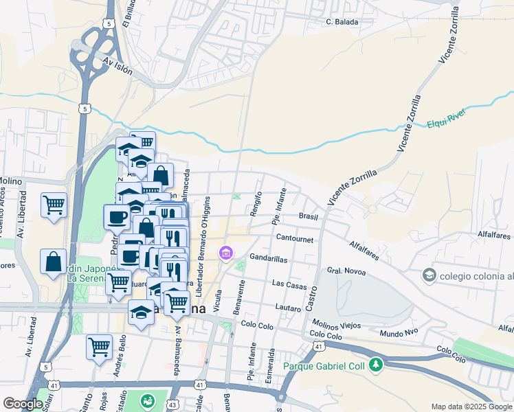 map of restaurants, bars, coffee shops, grocery stores, and more near 240 Rengifo in La Serena