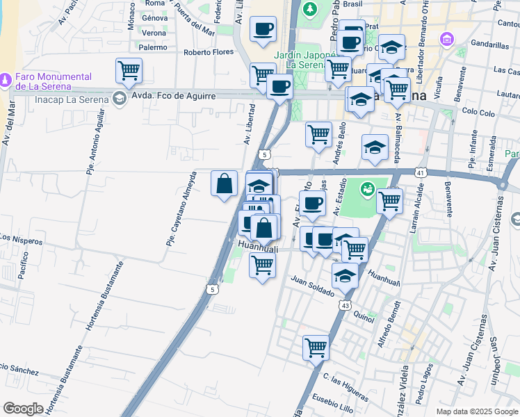 map of restaurants, bars, coffee shops, grocery stores, and more near 1400 Alberto Solari in La Serena