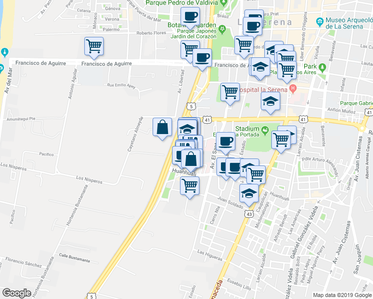 map of restaurants, bars, coffee shops, grocery stores, and more near 1400 Alberto Solari in La Serena