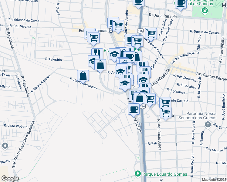map of restaurants, bars, coffee shops, grocery stores, and more near 2375 Rua Doutor Barcelos in Canoas