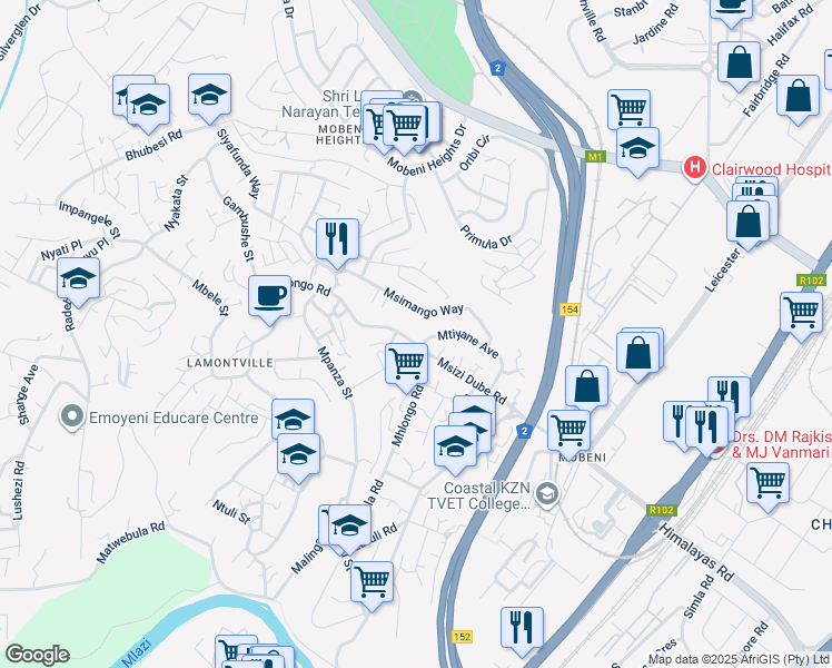 map of restaurants, bars, coffee shops, grocery stores, and more near 0 Mhlongo Road in Chatsworth