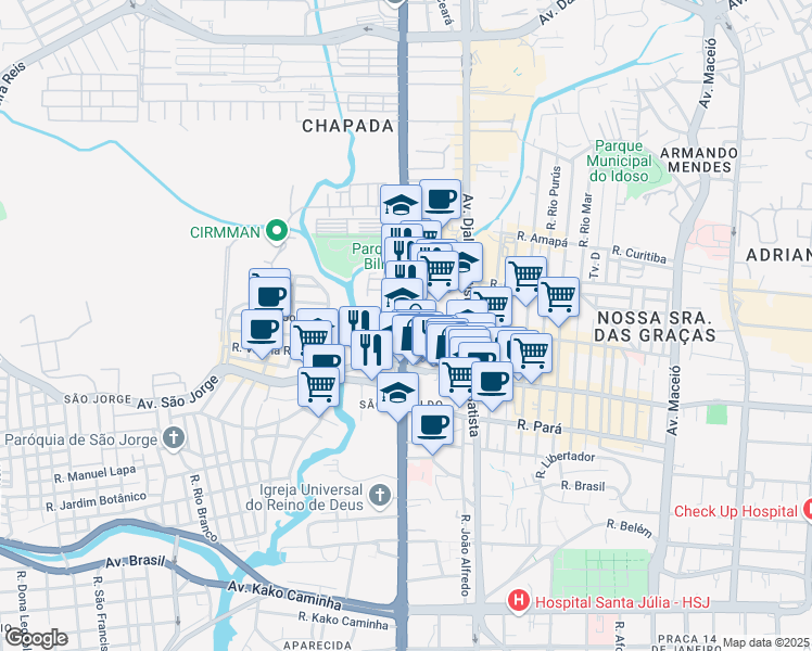 map of restaurants, bars, coffee shops, grocery stores, and more near Avenida Constantino Nery in Manaus
