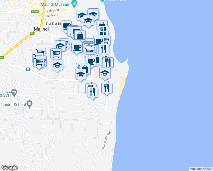 map of restaurants, bars, coffee shops, grocery stores, and more near Silversand Road in Malindi