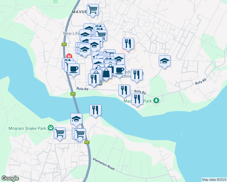 map of restaurants, bars, coffee shops, grocery stores, and more near Bofa Rd in Kilifi