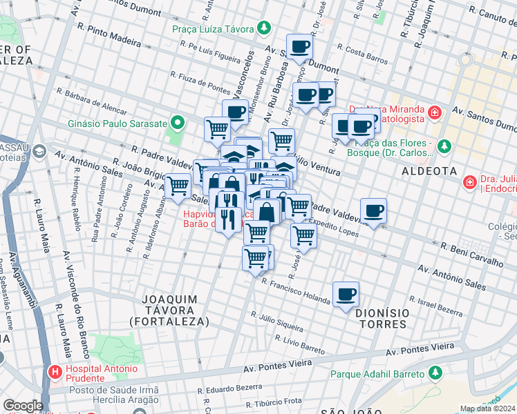 map of restaurants, bars, coffee shops, grocery stores, and more near 2370 Rua João Brígido in Fortaleza