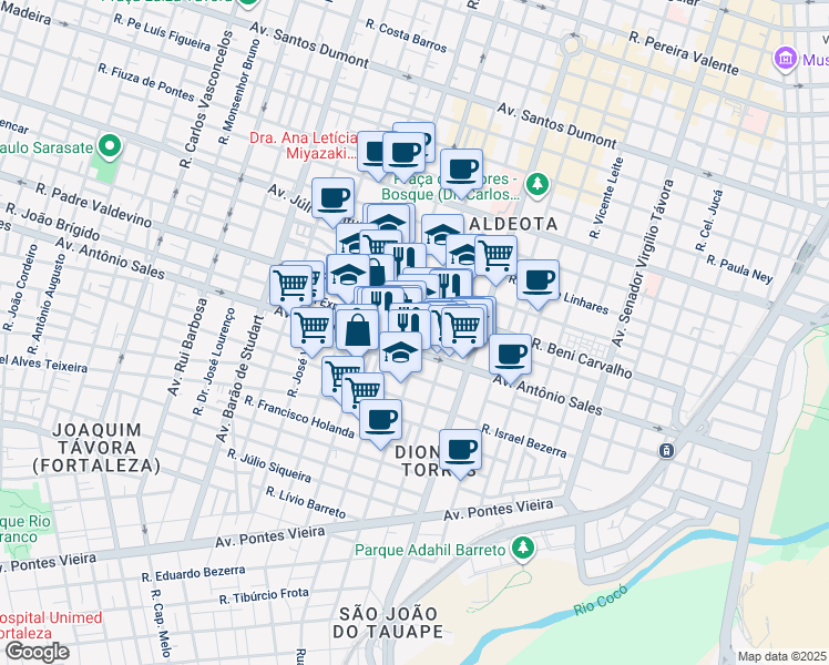 map of restaurants, bars, coffee shops, grocery stores, and more near 2370 Rua João Brígido in Fortaleza