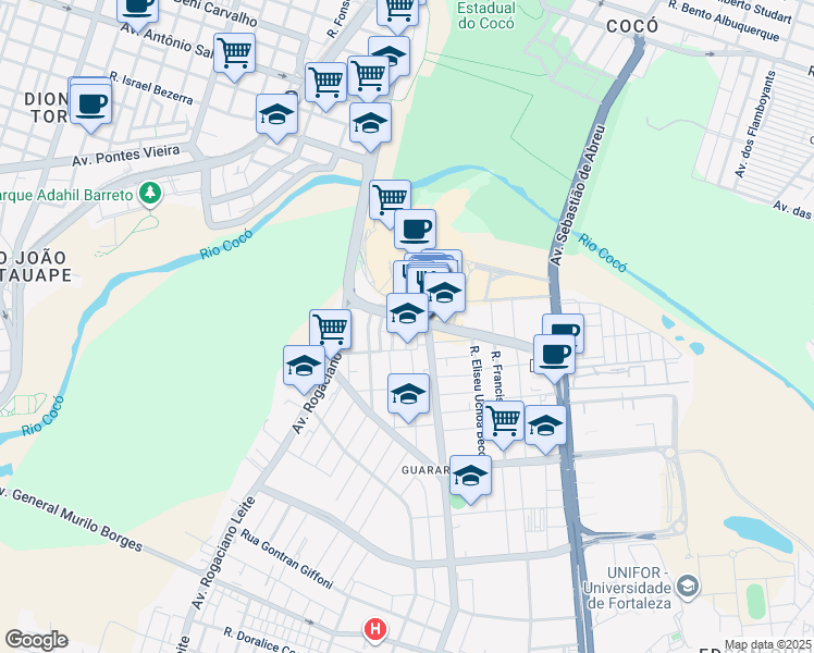 map of restaurants, bars, coffee shops, grocery stores, and more near 85 Avenida Washington Soares in Fortaleza