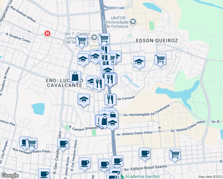 map of restaurants, bars, coffee shops, grocery stores, and more near 85 Avenida Washington Soares in Fortaleza
