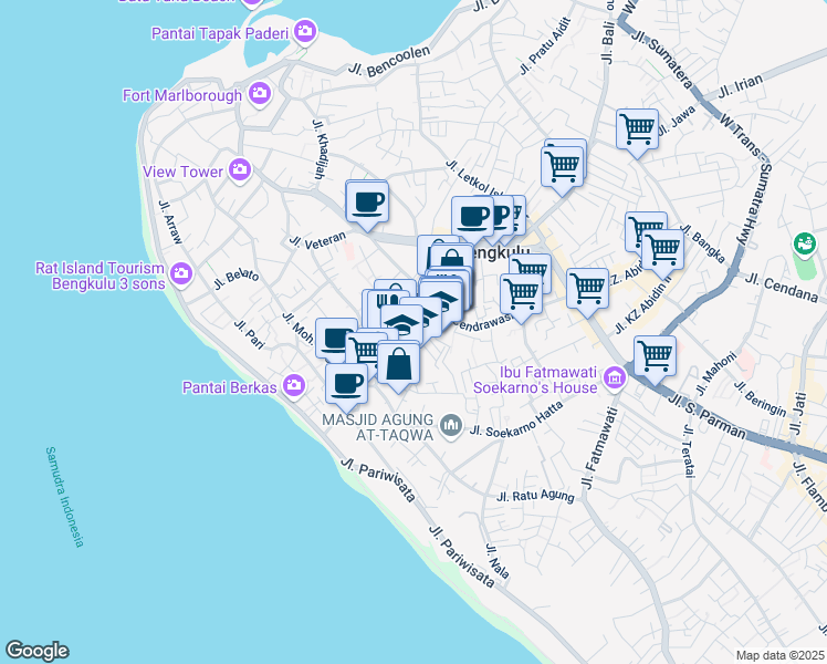 map of restaurants, bars, coffee shops, grocery stores, and more near Unnamed Road in Kota Bengkulu
