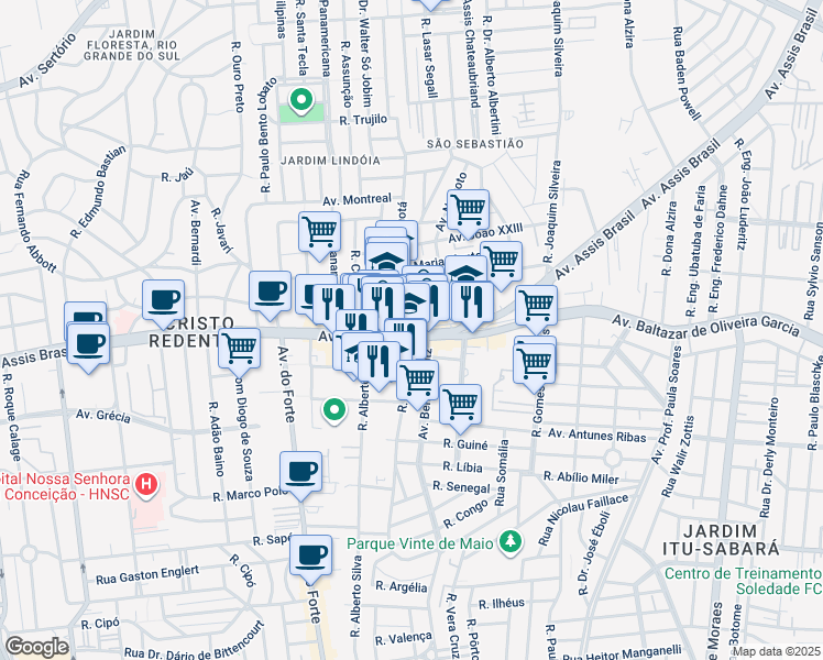 map of restaurants, bars, coffee shops, grocery stores, and more near 3940 Avenida Assis Brasil in Porto Alegre