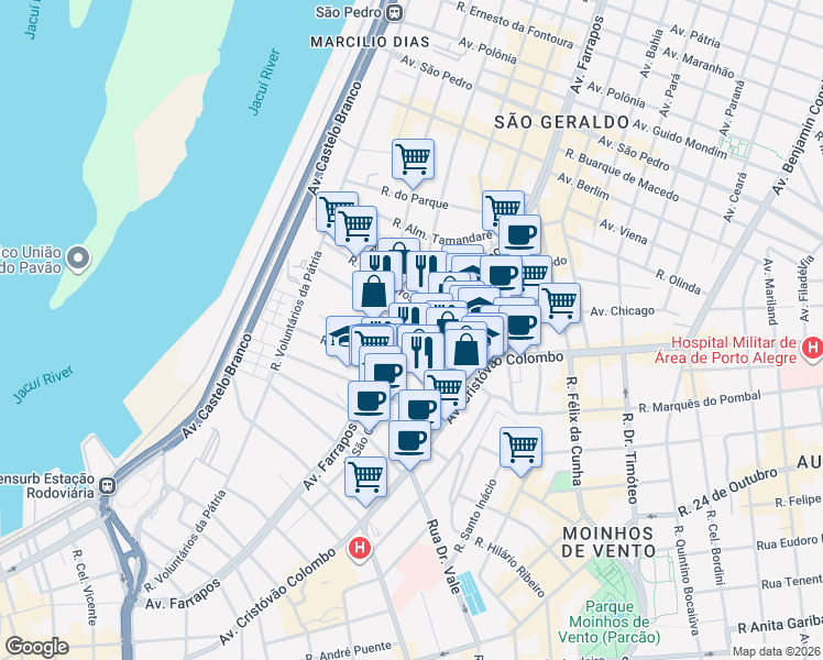 map of restaurants, bars, coffee shops, grocery stores, and more near in Porto Alegre