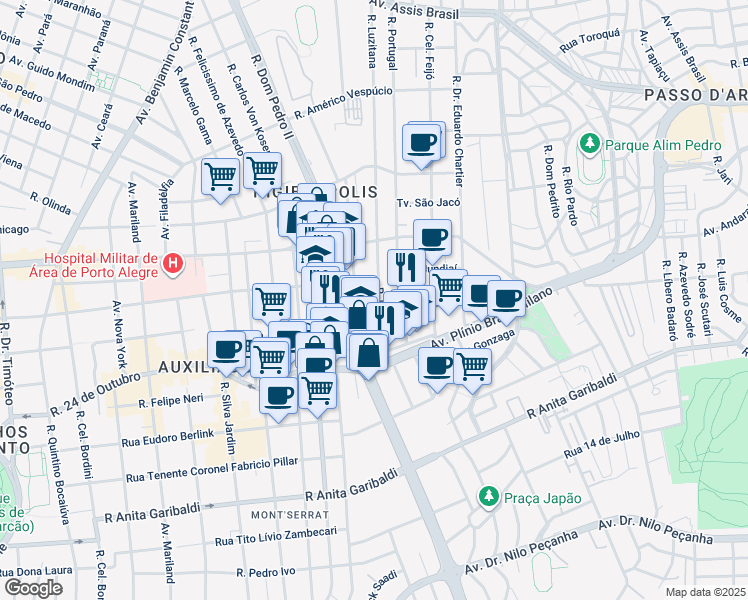 map of restaurants, bars, coffee shops, grocery stores, and more near 273 Rua Luzitana in Porto Alegre