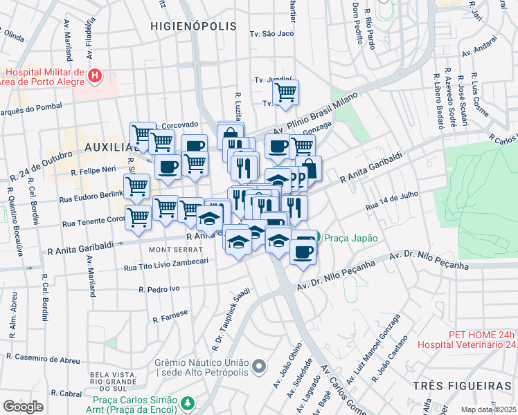 map of restaurants, bars, coffee shops, grocery stores, and more near 400 Avenida Carlos Gomes in Porto Alegre
