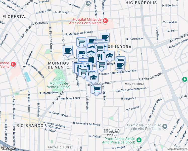 map of restaurants, bars, coffee shops, grocery stores, and more near 410 Avenida Coronel Lucas de Oliveira in Porto Alegre