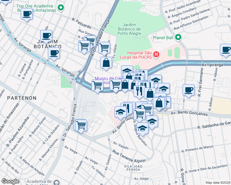 map of restaurants, bars, coffee shops, grocery stores, and more near 6111 Avenida Ipiranga in Porto Alegre