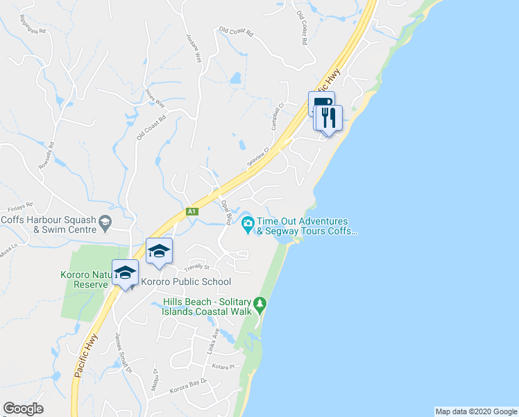 map of restaurants, bars, coffee shops, grocery stores, and more near 8 Daintree Drive in Korora