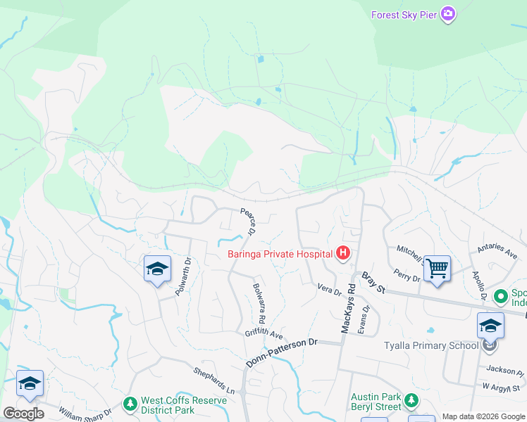 map of restaurants, bars, coffee shops, grocery stores, and more near 12 Hull Close in Coffs Harbour